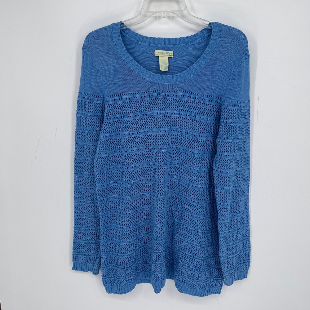 Caribbean Joe Women's Blue Pointelle Open Knit Cotton Pullover Sweater Size XL
